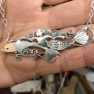 Mermaid and dolphin necklace in sterling silver